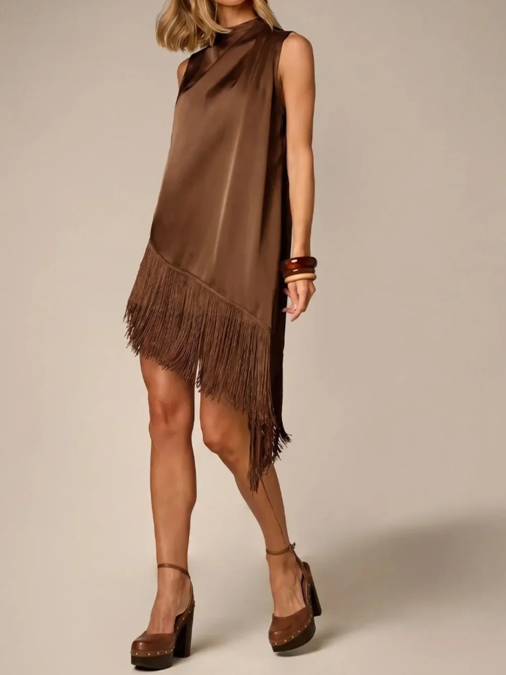 Brown Elegant Women's Mock Neck Fringe Hem Sleeveless A-Line Mini Dress